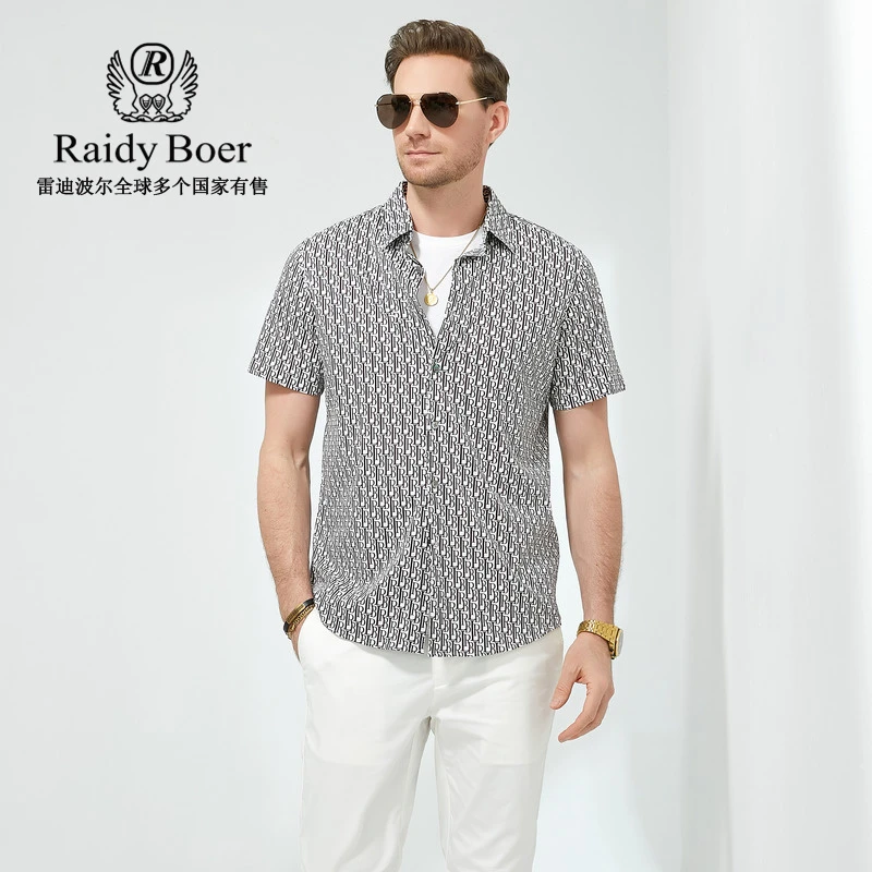 Raidy Boer/雷迪波尔夏季男全身数码印花抗皱修身薄短袖衬衫1015