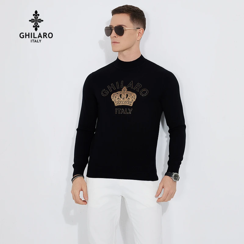 GHILARO/古劳吉那诺冬男半高领烫钻印花logo绵羊毛衫毛衣5001-70
