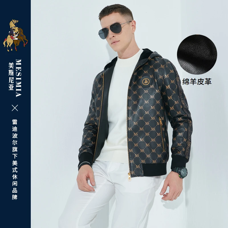 雷迪波尔/美斯尼亚男装秋冬全身印花连帽绵羊皮皮夹克外套2038-79