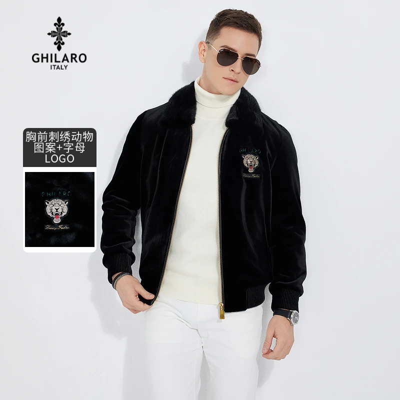 GHILARO/古劳吉那诺男士冬水貂毛领刺绣动物翻领夹克外套3010-70