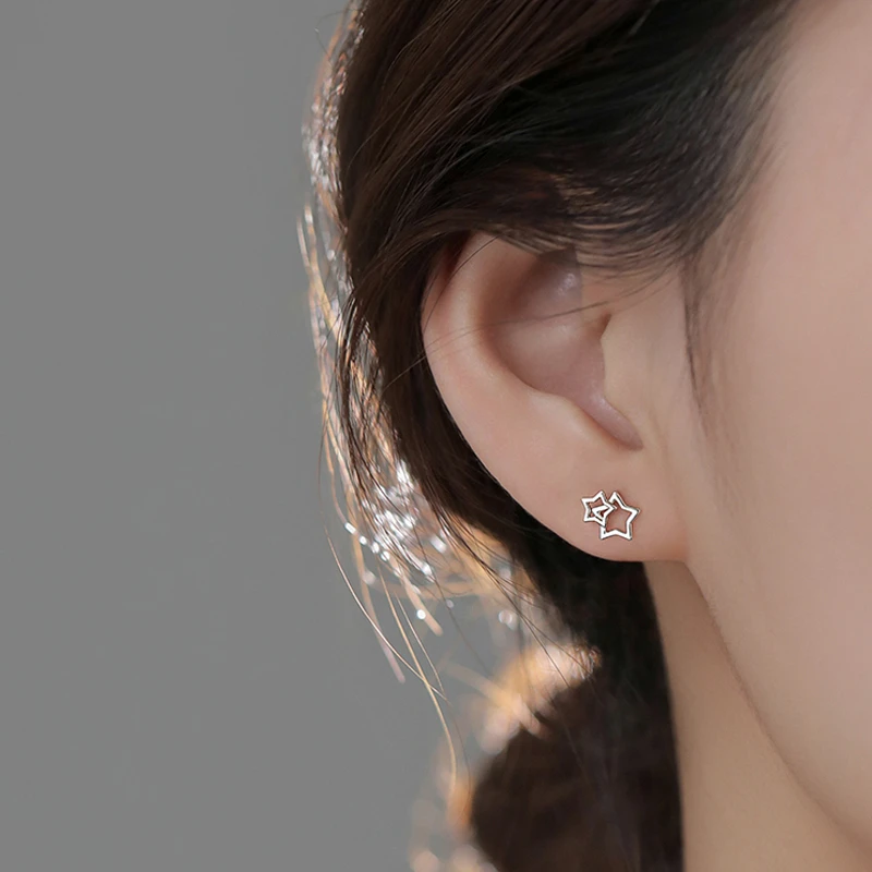 925银耳饰 925银针星星耳钉女韩版小清新可爱镂空五角星耳饰