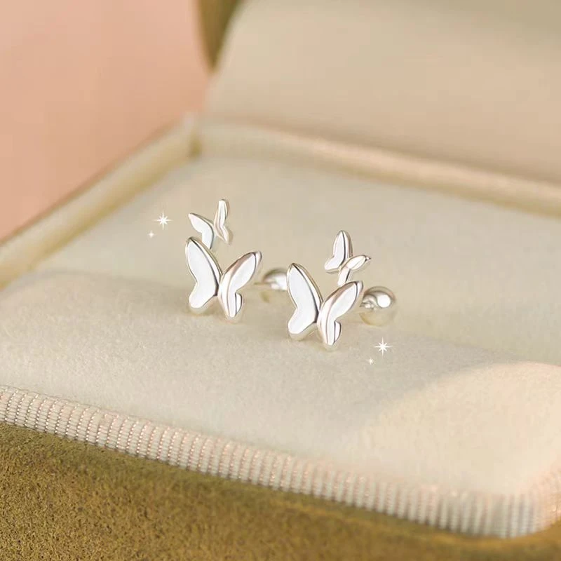 925银耳饰 蝴蝶耳钉螺旋拧扣养耳洞睡觉免摘新款爆款银镀耳饰女
