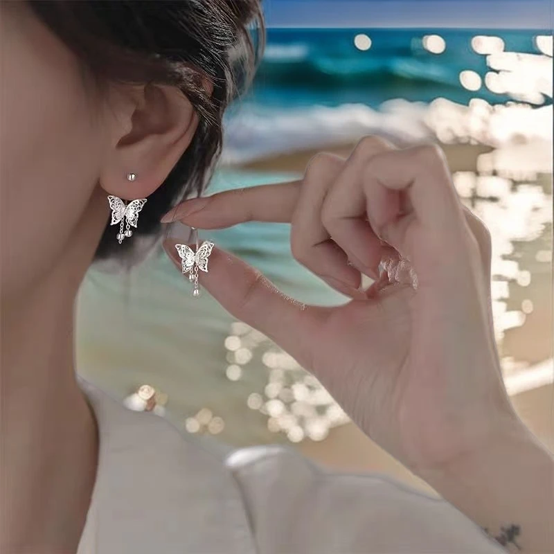 925银耳饰 镂空蝴蝶螺丝耳钩女生新款小众设计流苏银镀耳坠耳环