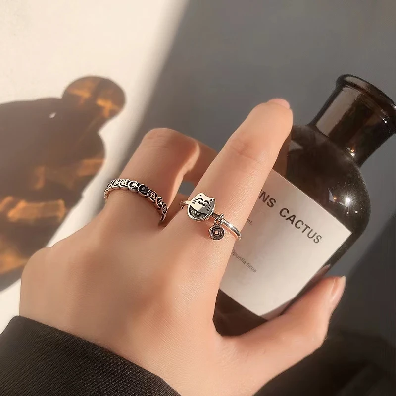 925银戒指 钱多多招财猫戒指创意指环小众设计感铜钱个性开口食指