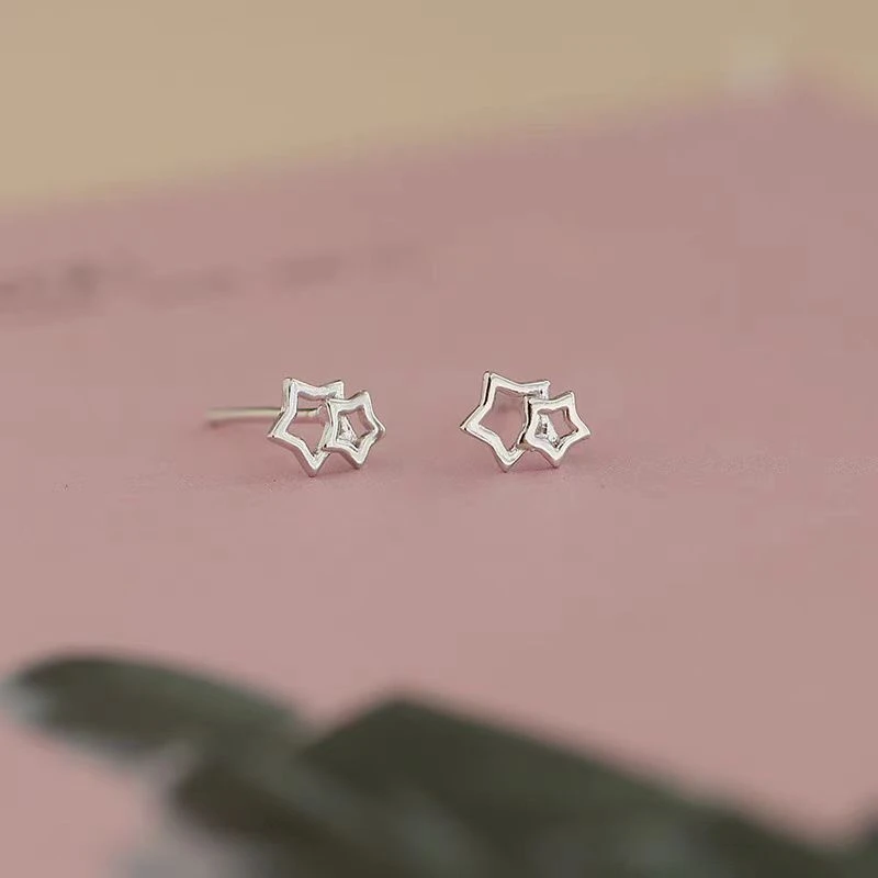 925银耳饰 五角星耳钉女时尚ins风镂空星星设计感耳饰