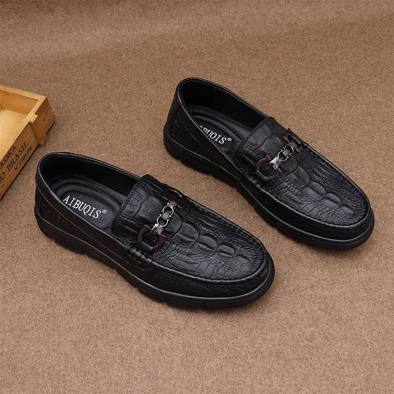 男士真皮休闲舒适乐福豆豆鞋软底软面一脚蹬鳄鱼纹套脚懒人皮鞋男
