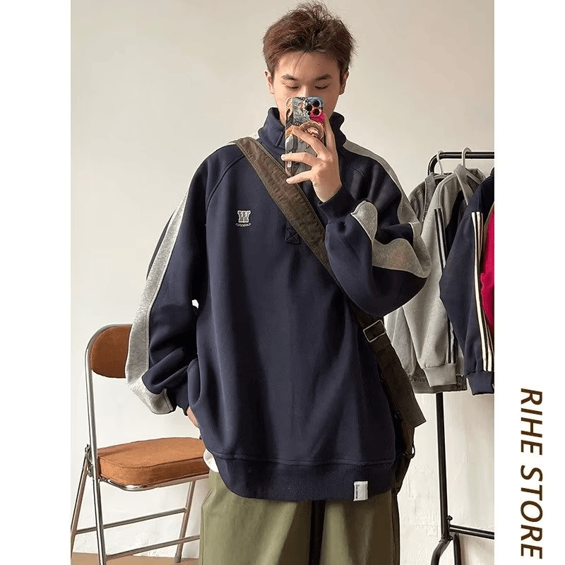 港风加绒撞色韩版日系复古春秋立领宽松拼接卫衣外套套头上衣男