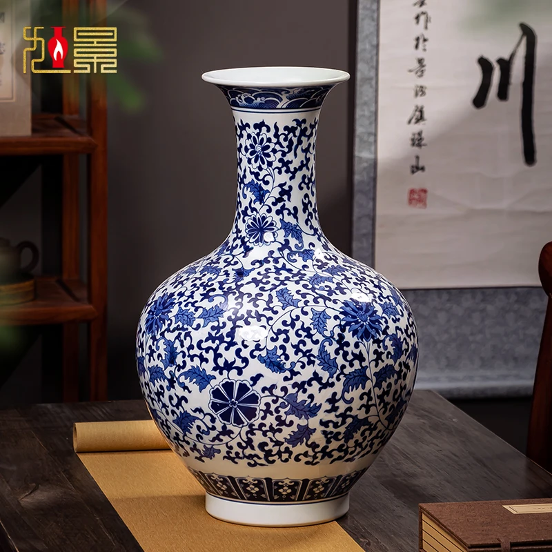景德镇陶瓷花瓶青花瓷瓶缠枝莲赏瓶小号高度36cm中号46cm大号56cm