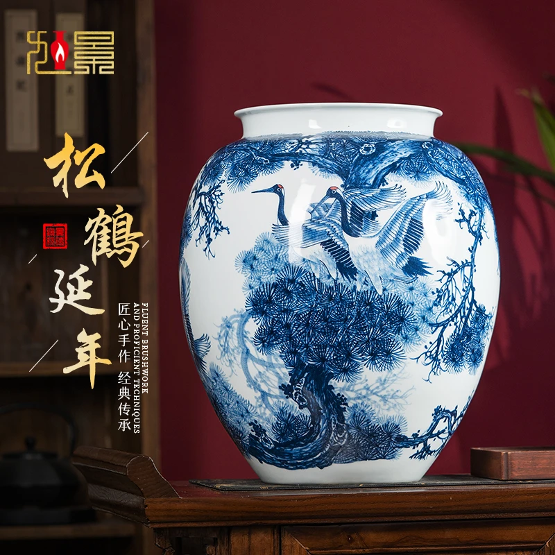 景德镇陶瓷花瓶新中式手绘青花瓷摆件玄关柜客厅插花瓷瓶装饰大号