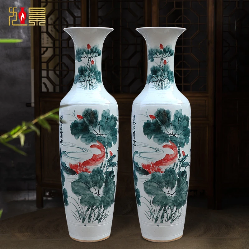 【连年有余】纯手工手绘落地大花瓶青花瓷摆件客厅新房装饰插花瓷瓶