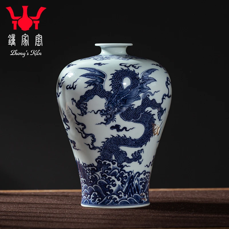 陶瓷小花瓶景德镇柴窑青花手绘应龙纹梅瓶功夫茶桌面茶道小花器