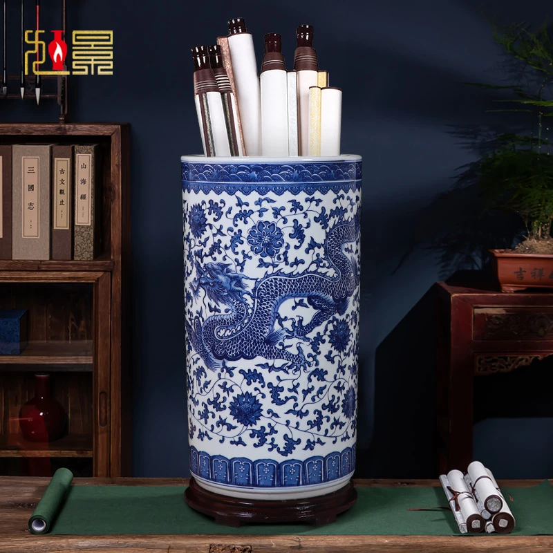 景德镇陶瓷书画缸卷轴缸青花瓷大花瓶字画筒书房客厅落地家居摆件