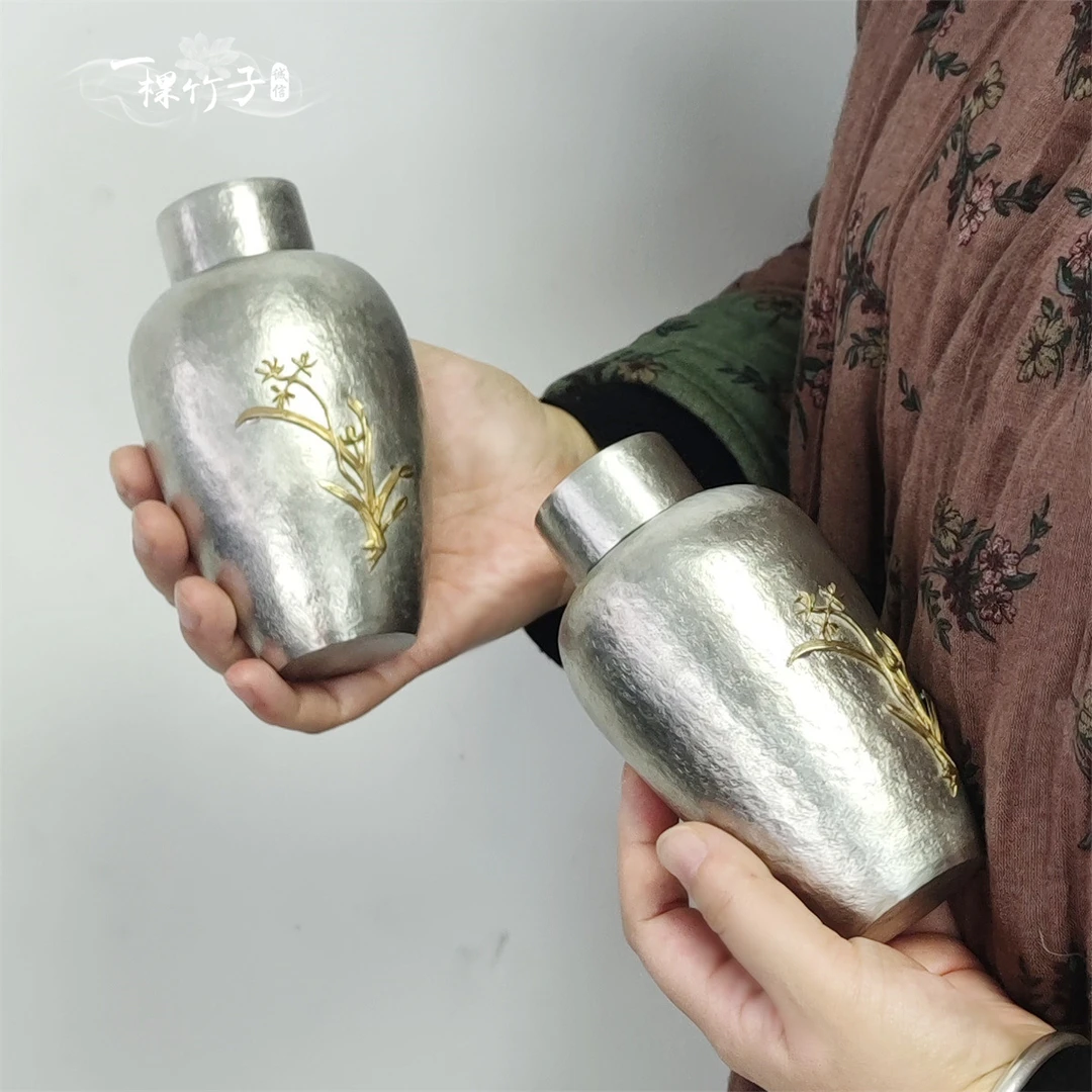 手工锤纹纯锡罐兰花茶叶罐茶仓密封罐子防潮复古中式便携储存茶盒