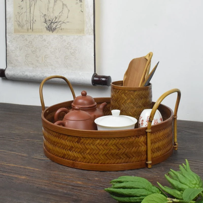 大漆竹编茶具收纳盒整理筐茶杯茶壶桌面置物家用防尘茶道储物提篮