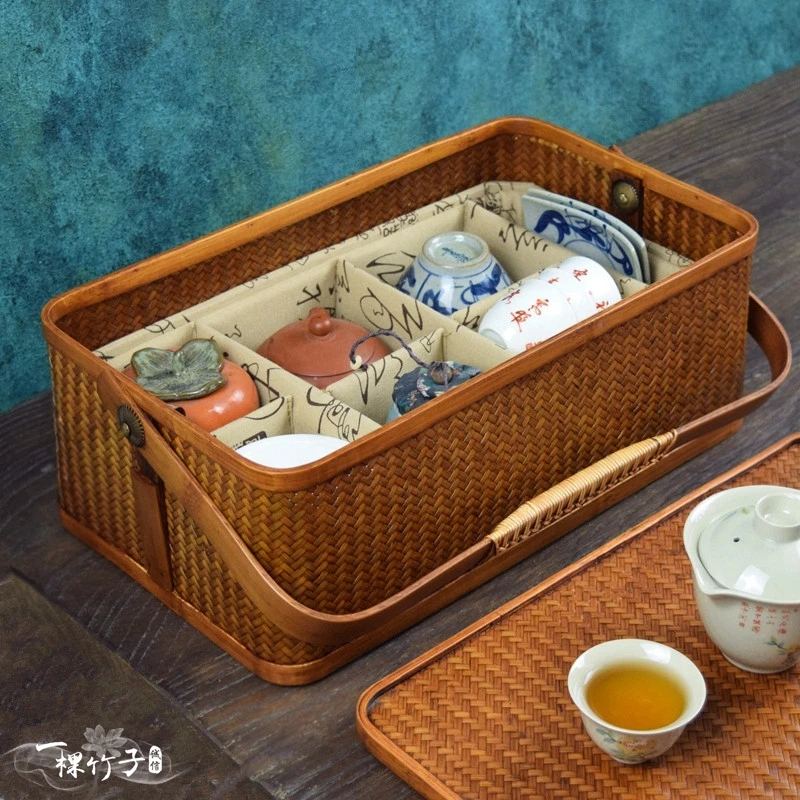 复古竹编茶具收纳盒户外茶具茶箱桌面收纳篮旅行茶壶茶杯提篮防尘
