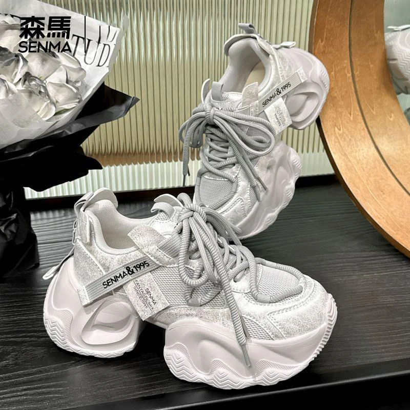 森马高档银色老爹鞋女款秋季2025新款女式厚底增高级感透气运动鞋