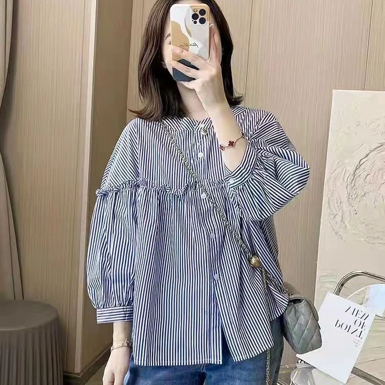 春夏季显瘦洋气时尚条纹拼接小衫七分袖衬衫减龄韩版韩版百搭气质