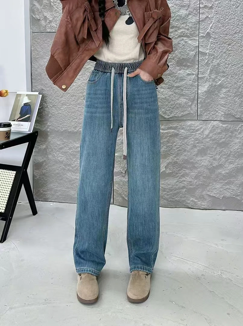 加绒窄版直筒复古松紧腰牛仔裤时尚显瘦休闲百搭款高腰阔腿蓝色