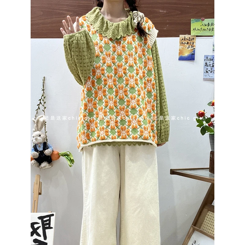 马甲女设计感小众日系毛巾绣提花减龄叠穿针织背心时尚坎肩外搭秋