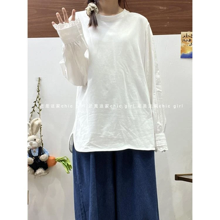2024秋新款宽松女长袖白色t恤卫衣拼接衬衫袖内搭纯棉打底衫上衣