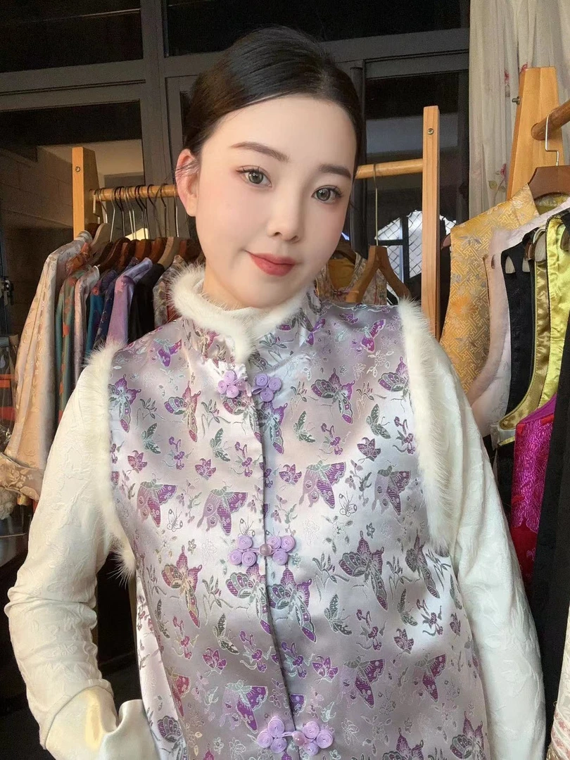 CHUNTIAN/李李国风【紫蝶】新中式夹棉宋锦提花女马甲