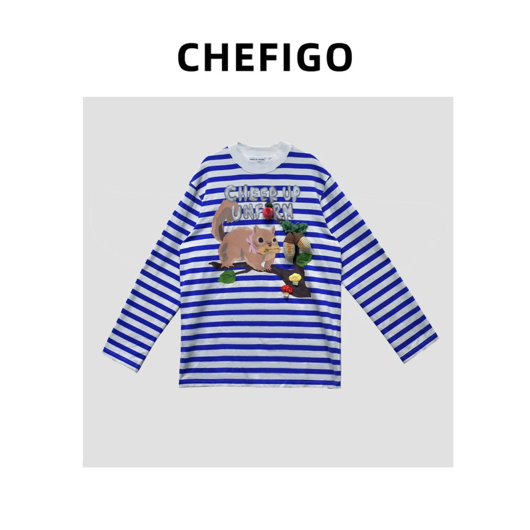CHEFIGO手工钩花条纹长袖T恤