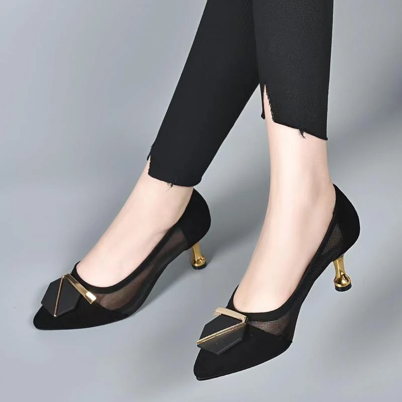 黑色高跟鞋女细跟尖头皮鞋夏款镂空2024夏季新款真皮浅口网纱单鞋