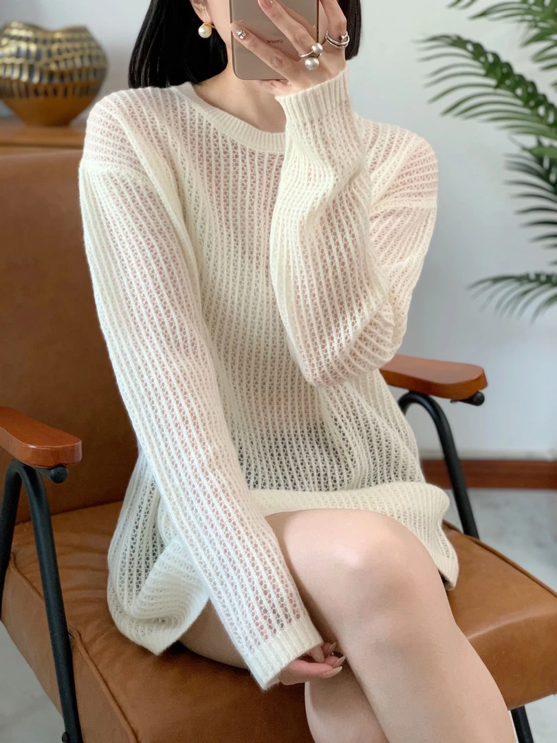 100%美丽奴羊毛春秋韩系慵懒风镂空圆领套头衫