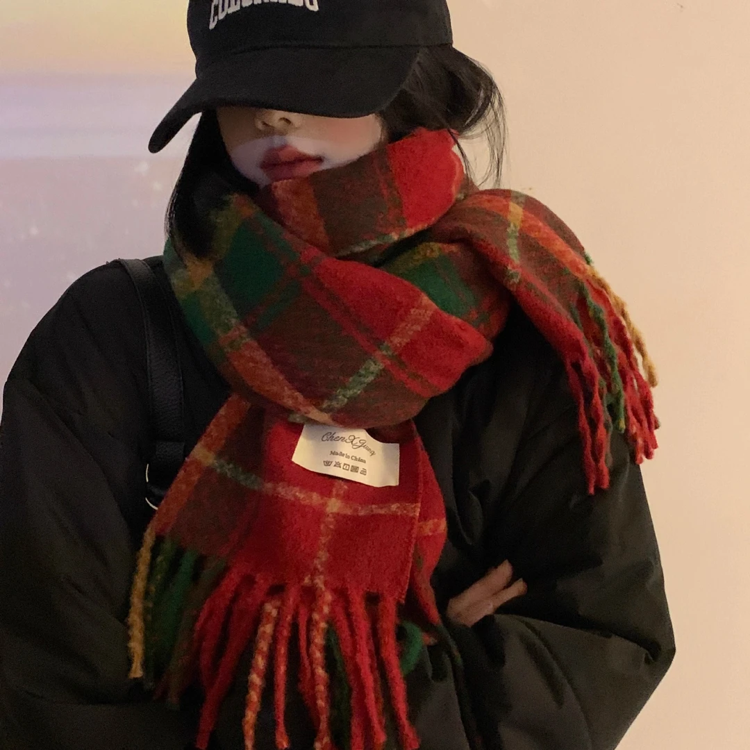 红色围巾冬季女格子仿羊绒ins百搭高级感披肩学生围脖圣诞节礼物