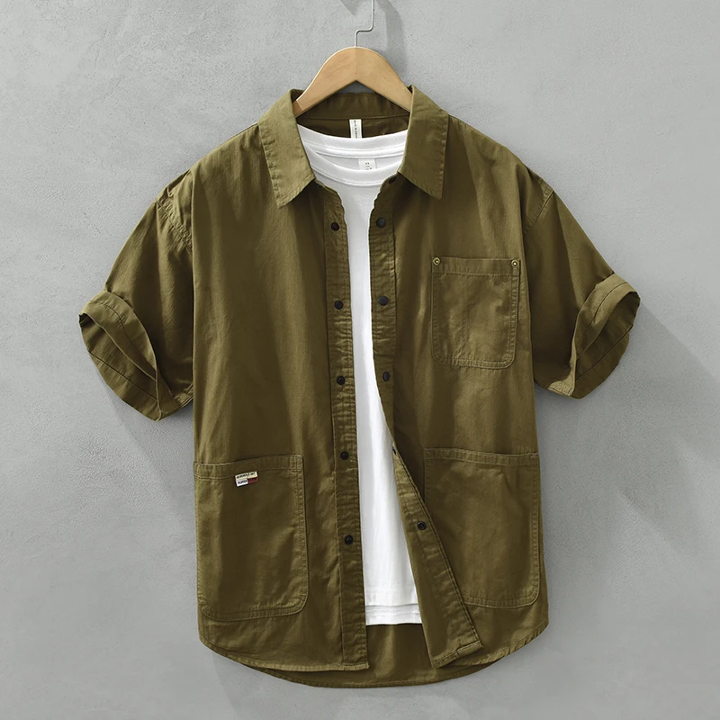 2756男装夏季新款日系工装衬衣青年宽松百搭休闲短袖衬衫