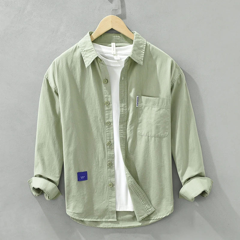 2024秋季男款长袖宽松时尚纯棉户外6625百搭衬衫男士纯色薄款