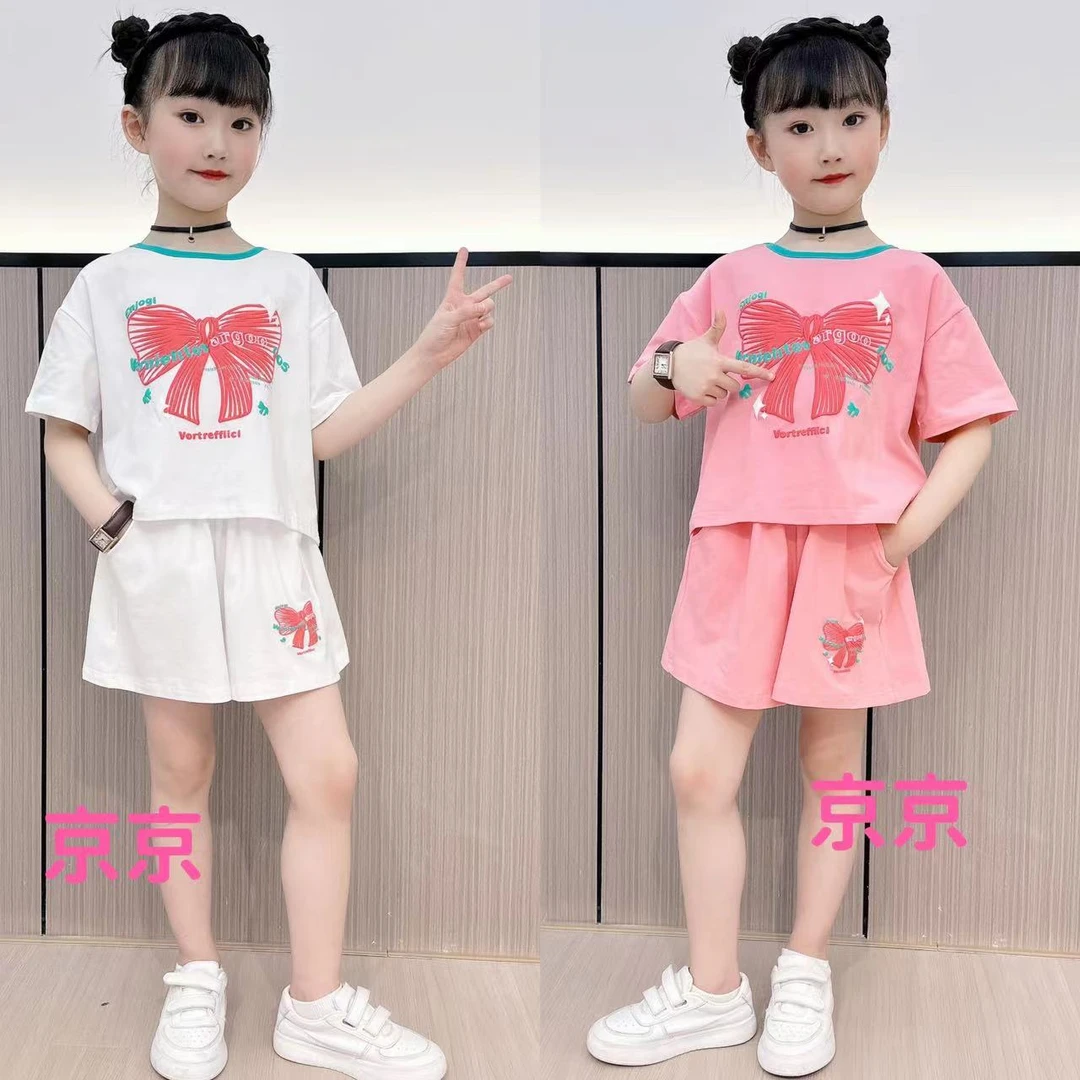 （110-170）女童夏季新款中大童洋气网红蝴蝶结休闲时尚短袖套装