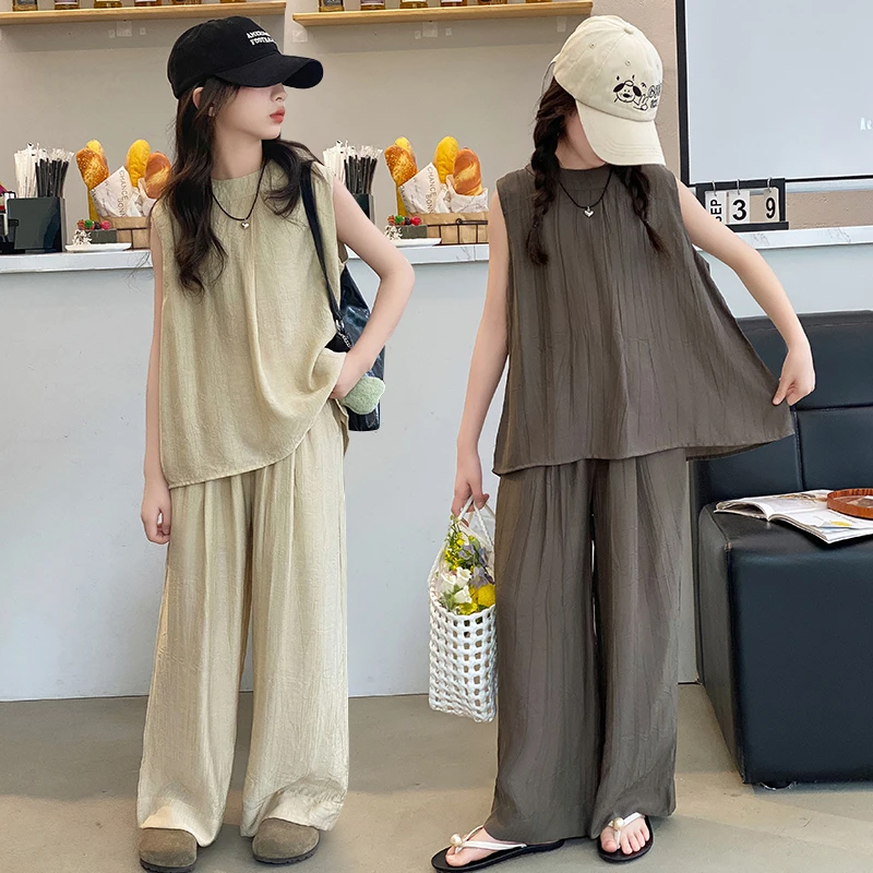 女童夏装套装2024新款儿童时髦洋气大童装夏季背心阔腿裤女孩衣服