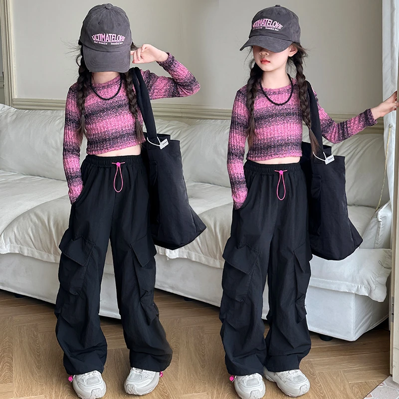 中大女童春秋2024新款秋款宽松百搭渐变毛衣工装裤休闲时尚套装