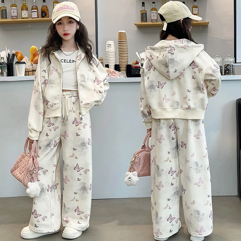 女童春秋季套装2024新款儿童蝴蝶开衫连帽上衣中大童潮流时尚套装