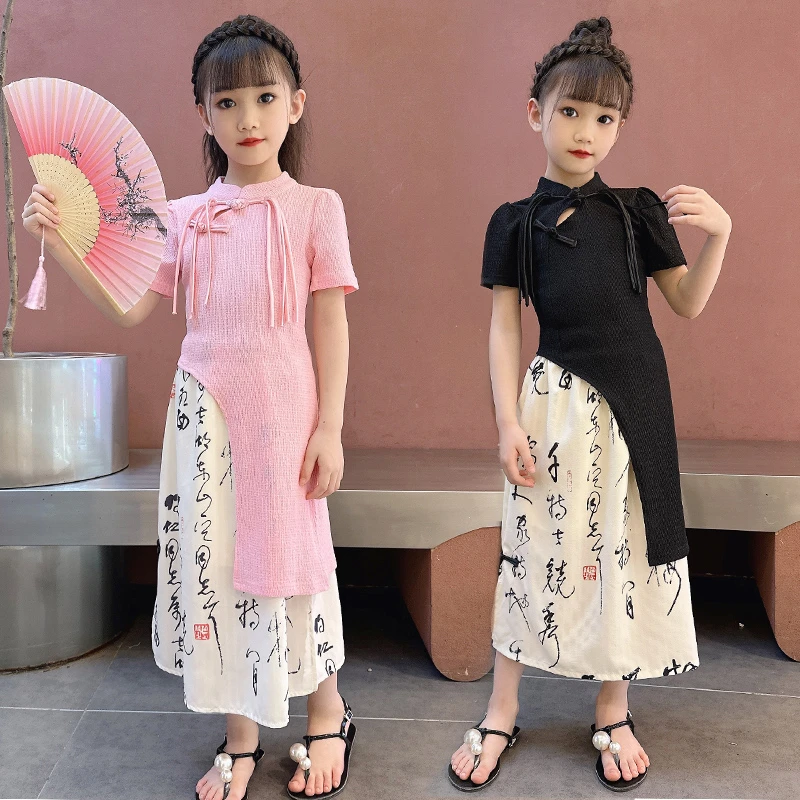 （110-L）女童夏季亲子新款气质新中式中长款复古国风旗袍两件套装