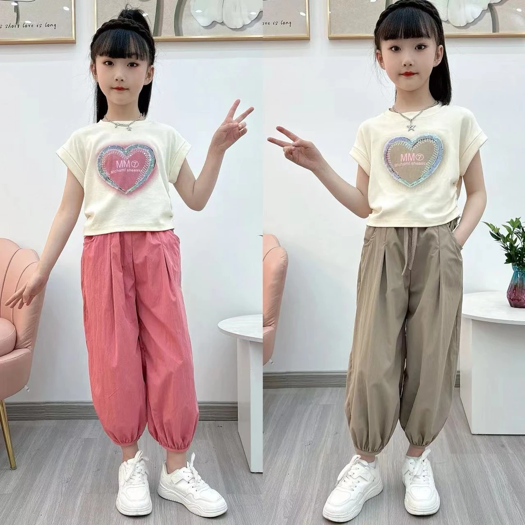 女童套装夏季2025新款中大童洋气时髦短袖t恤儿童防蚊裤子两件套