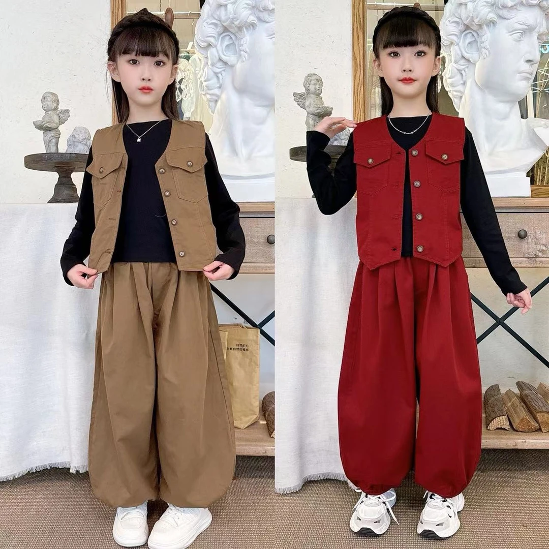 女童秋装套装2024新款女大童春秋季马甲休闲裤儿童时髦百搭萝卜裤