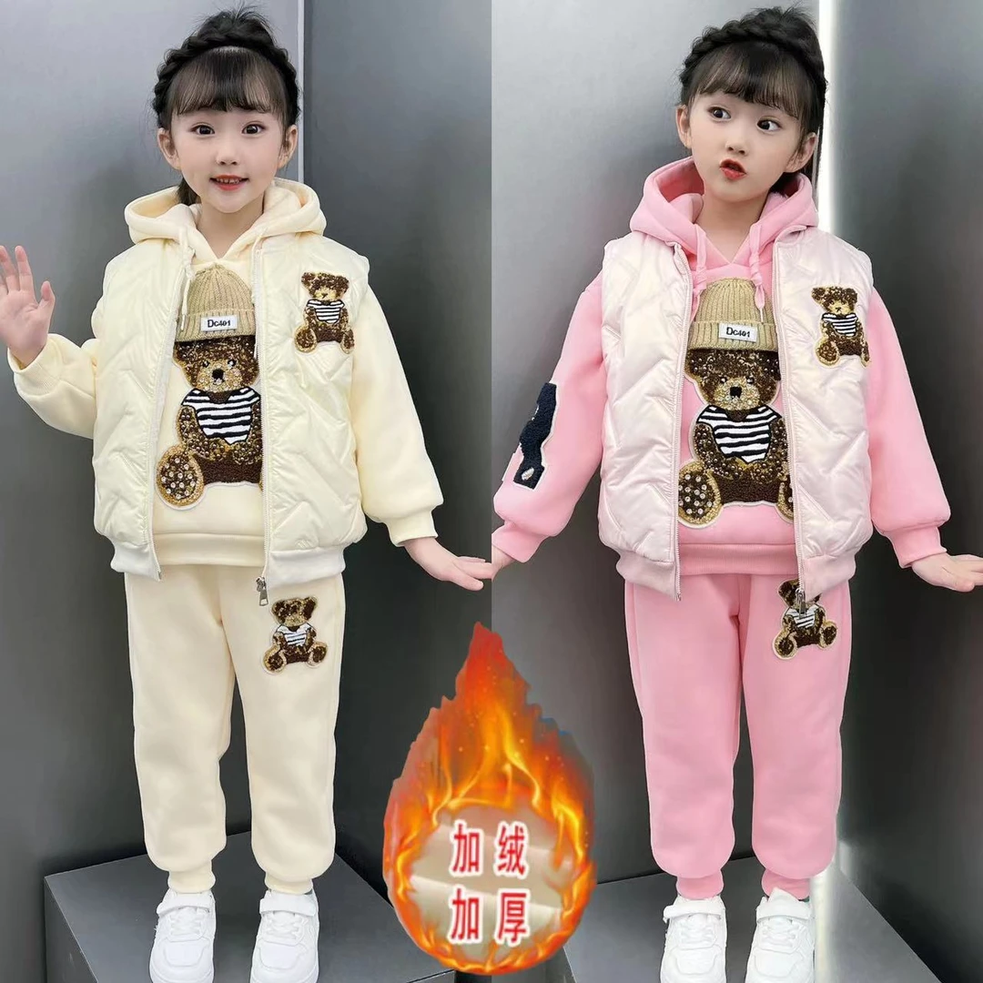 100-170女童冬季新款洋气卡通针织加绒加厚休闲马甲卫衣三件套装