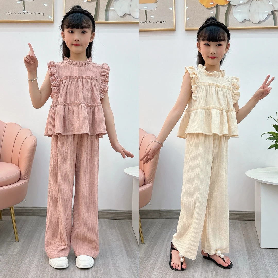 2024夏季新款女童无袖娃娃衫立领花边压褶上衣阔腿裤韩系气质套装