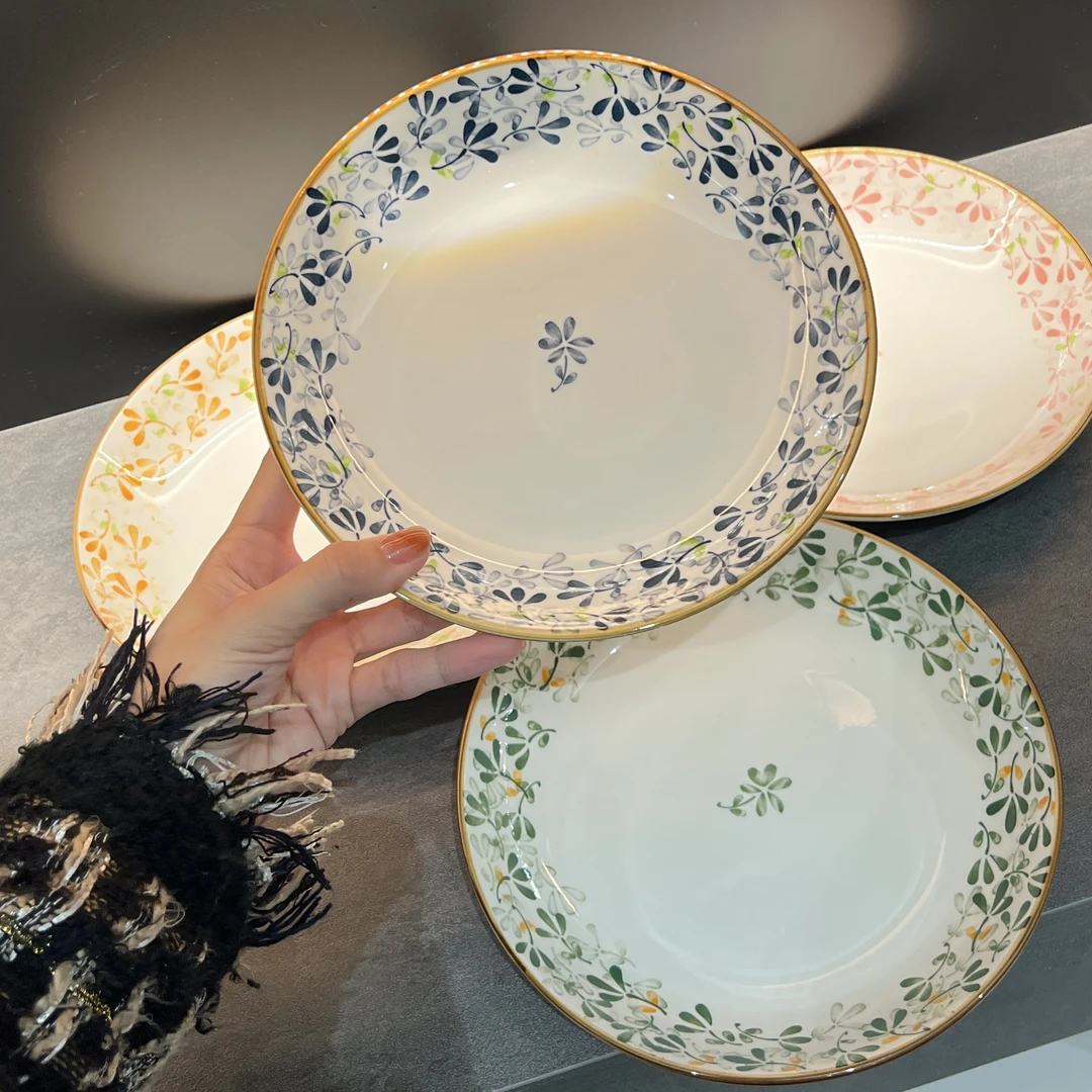 四季繁花8英寸深汤盘四个装家用餐具釉下彩陶瓷菜盘（20.3cm）