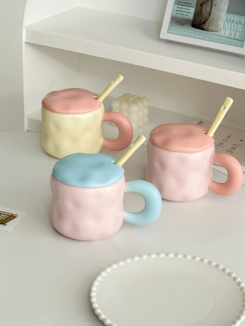 高颜值马克杯奶fufu带盖可爱女生办公室咖啡杯水杯撞色情侣家用勺