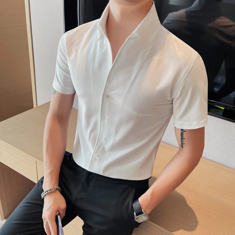 大领衬衫男士短袖夏季薄款2025新款高端商务痞帅修身法式V领衬衣