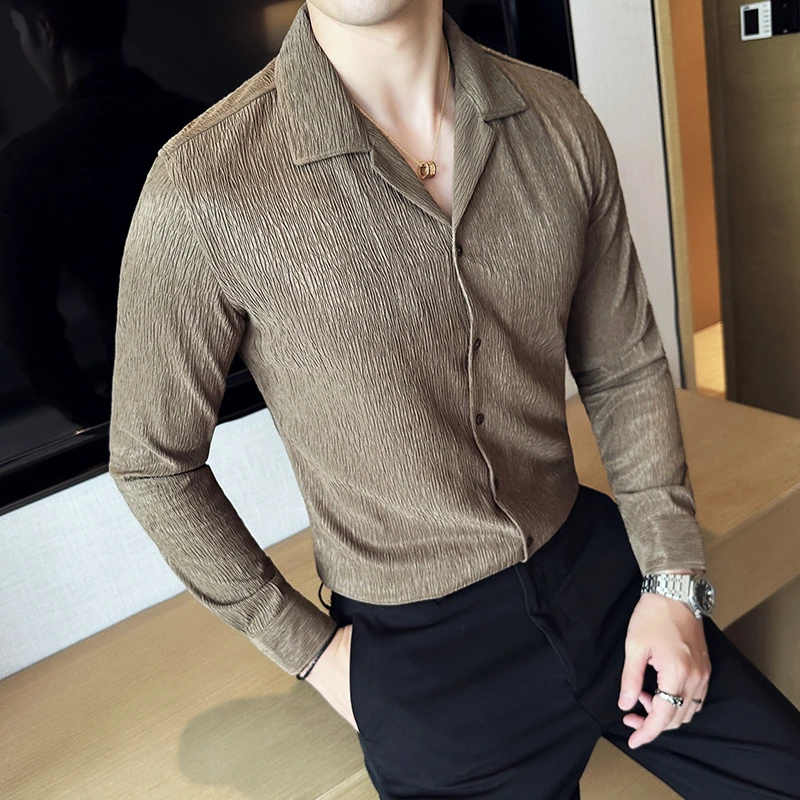 古巴领衬衫男长袖春秋季2025新款高级感潮牌痞帅男装修身褶皱衬衣