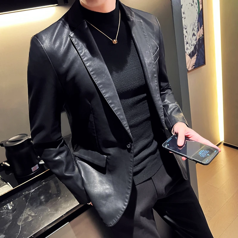 男士皮西服外套韩版修身男装秋冬季爆款痞帅时尚皮衣西装PU皮夹克