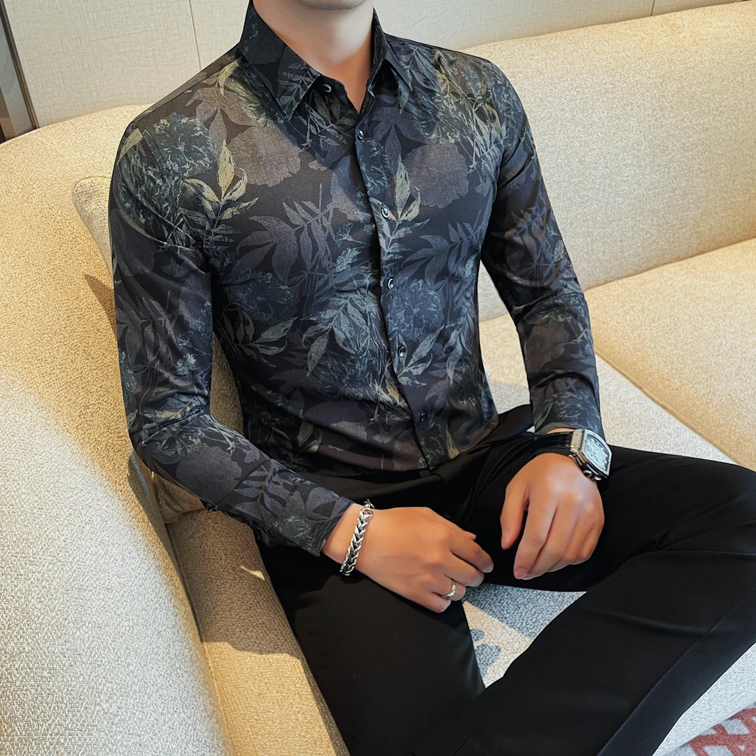 高级感印花衬衫男士长袖潮流修身上衣2024秋季新款痞帅潮牌花衬衣