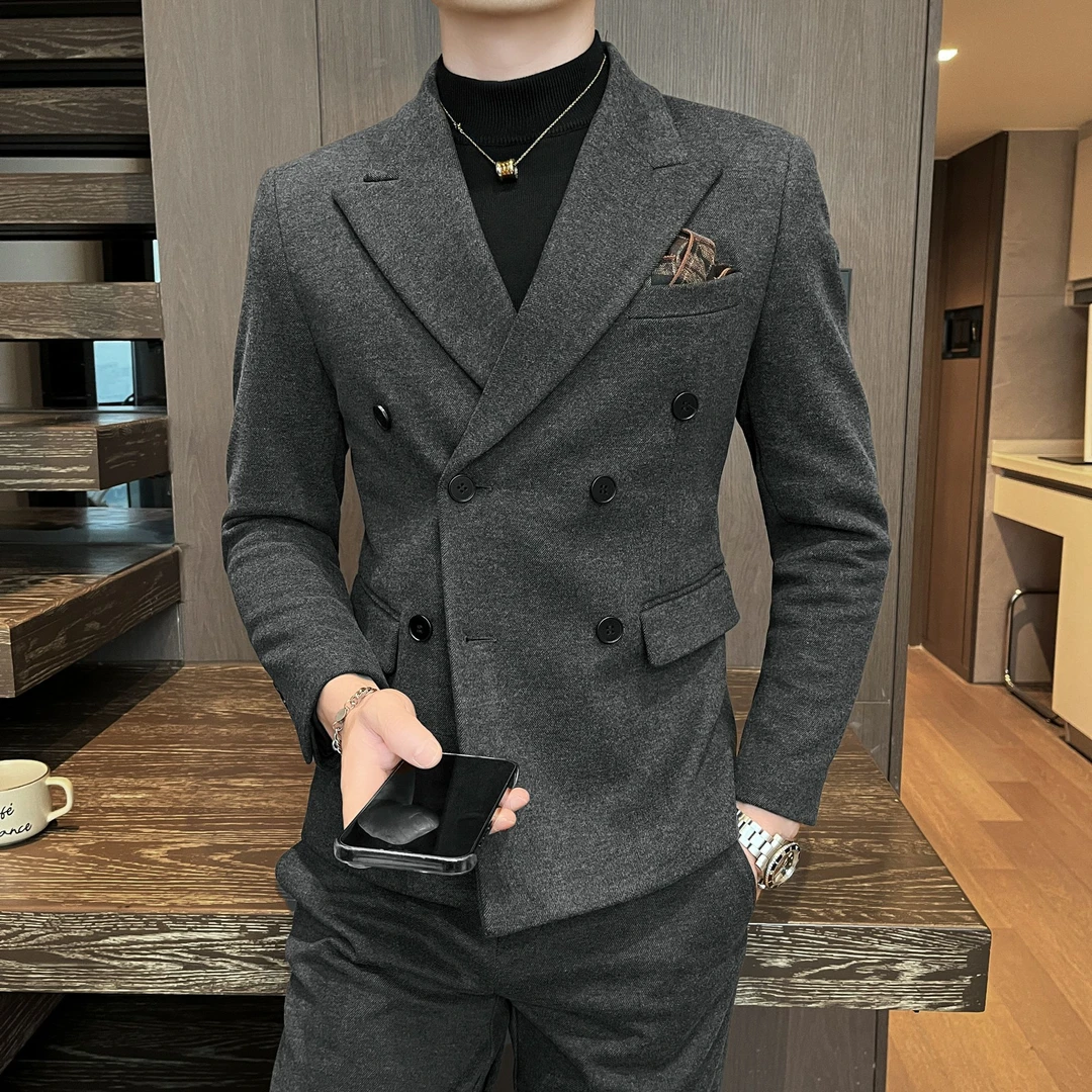 秋冬款加厚男士毛呢西服套装2024新款韩版修身痞帅双排扣西装礼服