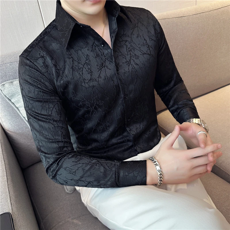 高级感花衬衫男士长袖2025新款潮牌秋季修身痞帅暗纹提花衬衣痞帅
