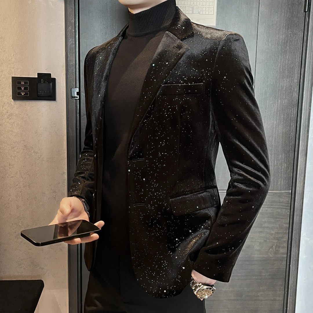 满天星丝绒西服男韩版修身秋冬季新款网红潮流男士休闲西装外套