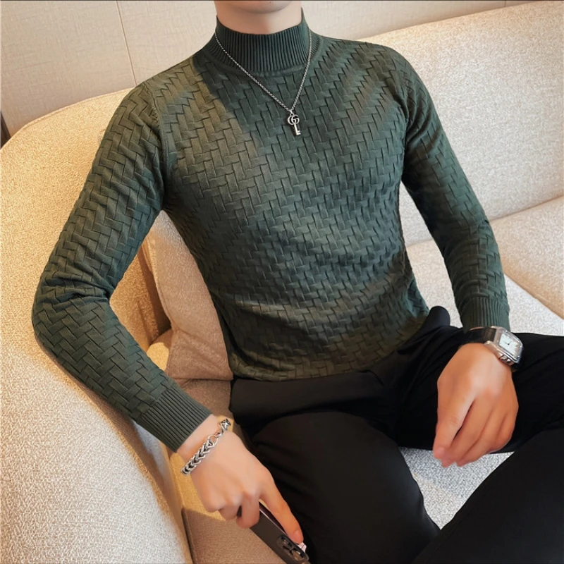 高级感半高领提花编织毛衣男士秋冬季痞帅修身潮流内搭针织打底衫